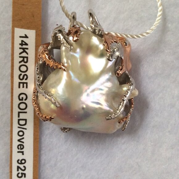 NWT14K ROSE & WHITE GOLD LARGE Natural Baroque Pearl 40.5x40mm Pendant MSRP $700 - Picture 2 of 5